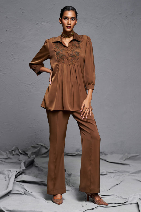 Brown Premium Satin Hand-Embroidered Co-ord Set – Luxury Festive & Party Wear