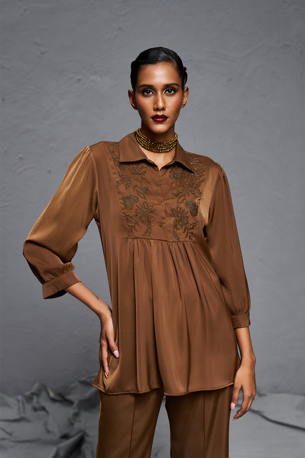 Brown Premium Satin Hand-Embroidered Co-ord Set – Luxury Festive & Party Wear