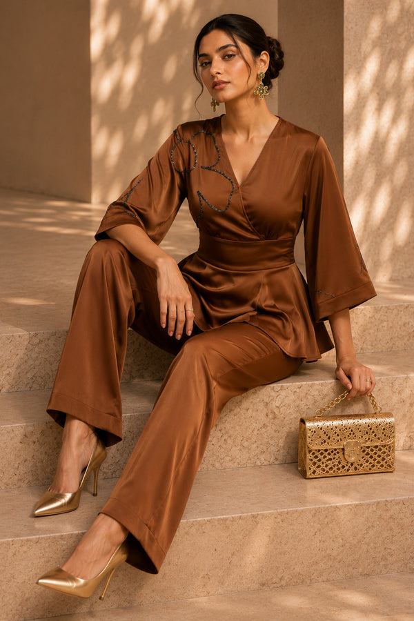 Rust Satin Peplum Co-ord Set with Hand Beaded Detailing – Luxury Festive Wear