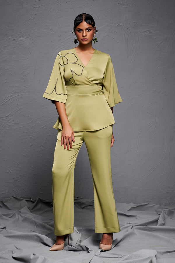 Olive Green Satin Peplum Co-ord Set with Hand Beaded Detailing – Luxury Festive Wear