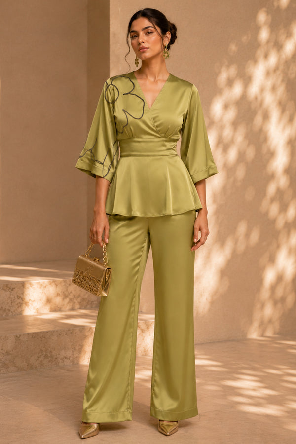 Olive Green Satin Peplum Co-ord Set with Hand Beaded Detailing – Luxury Festive Wear
