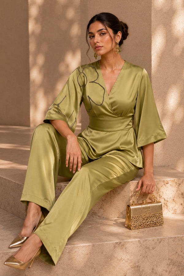 Olive Green Satin Peplum Co-ord Set with Hand Beaded Detailing – Luxury Festive Wear