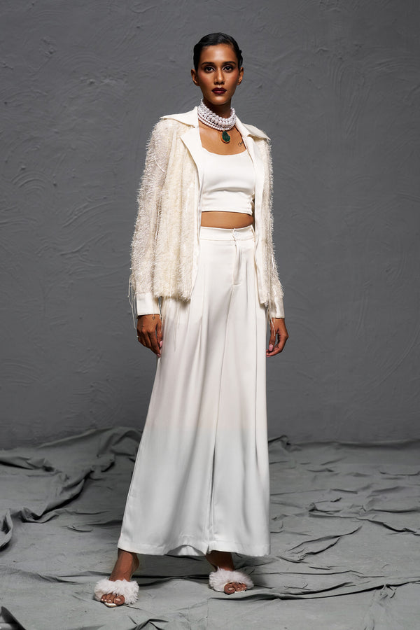Ivory Satin Three-Piece Co-ord Set with Textured Party Jacket – Luxe Festive Ensemble