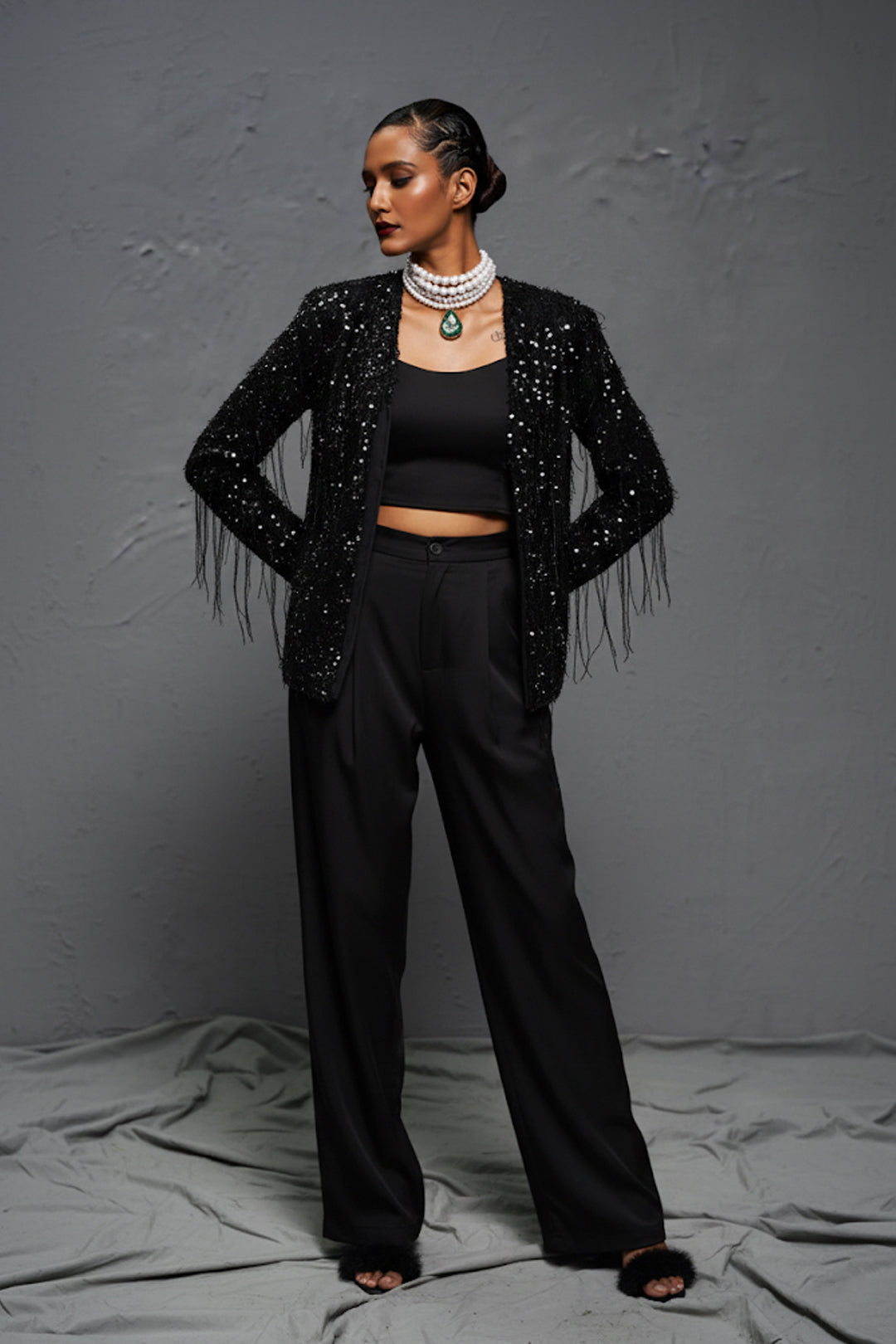 Black Satin Three-Piece Co-ord Set with Textured Party Jacket – Luxe Festive Ensemble