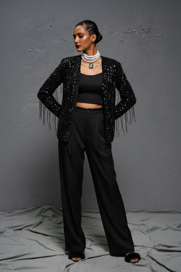 Black Satin Three-Piece Co-ord Set with Textured Party Jacket – Luxe Festive Ensemble