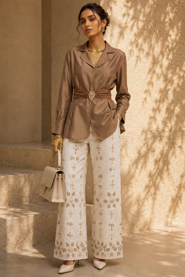 Brown & Cream Cotton Silk Co-ord Set with Embroidered Linen Bottom – Premium Luxe Wear