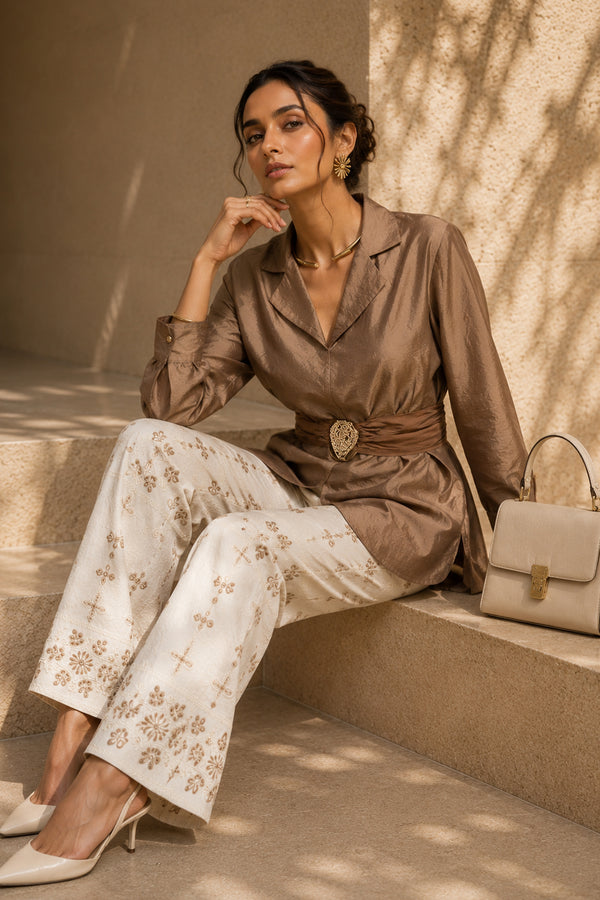 Brown & Cream Cotton Silk Co-ord Set with Embroidered Linen Bottom – Premium Luxe Wear