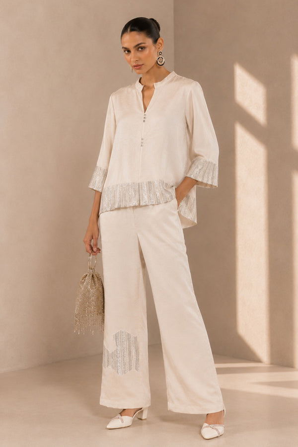 Soft Ivory Satin Co-ord Set with Sequin Detailing | Luxe Occasion Wear