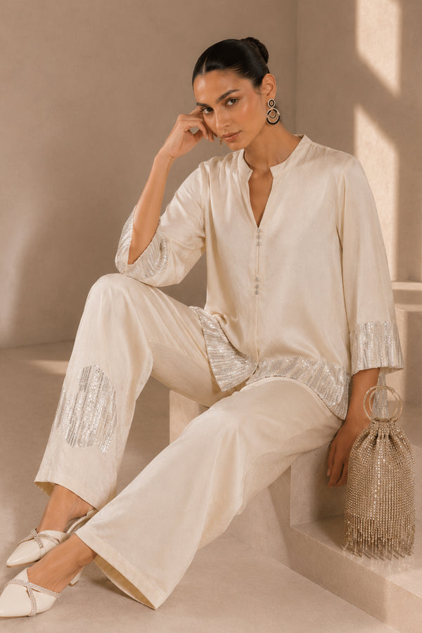 Soft Ivory Satin Co-ord Set with Sequin Detailing | Luxe Occasion Wear