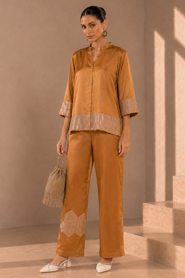 Rust Caramel Satin Co-ord Set with Sequin Detailing | Luxe Occasion Wear