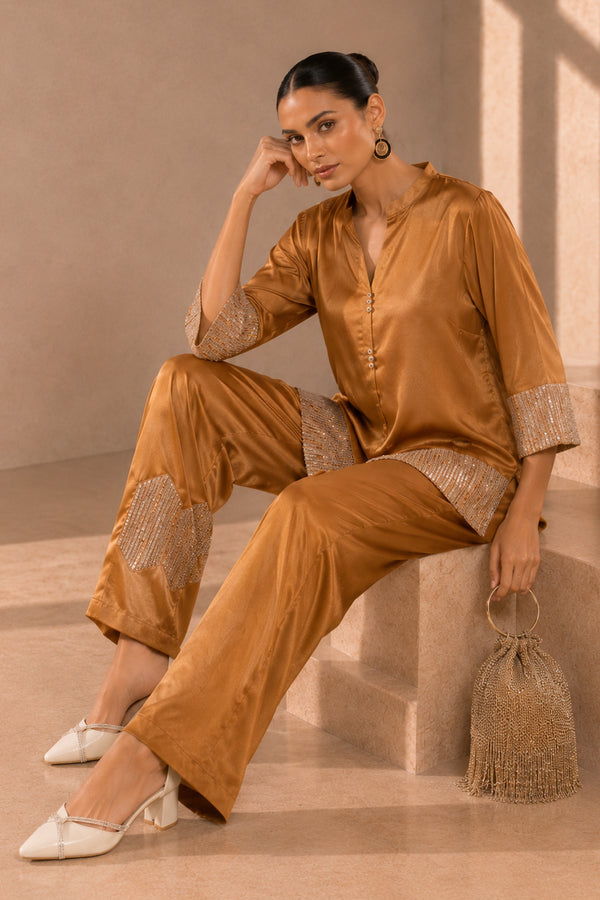 Rust Caramel Satin Co-ord Set with Sequin Detailing | Luxe Occasion Wear