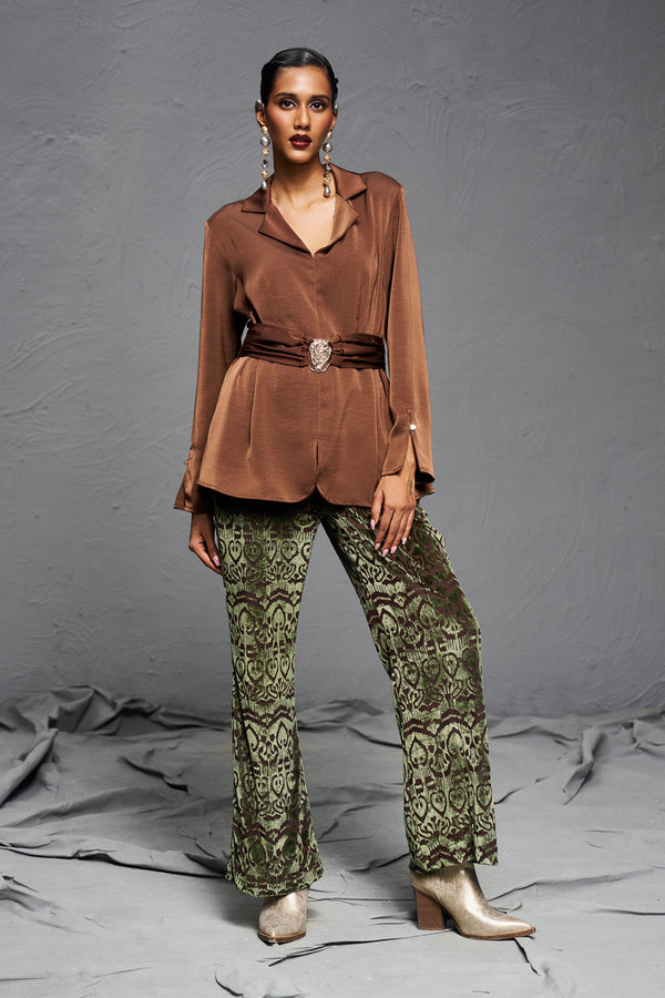 Brown Satin Belted Co-ord Set with Laser-Cut Velvet Pants – Premium Party Wear Ensemble