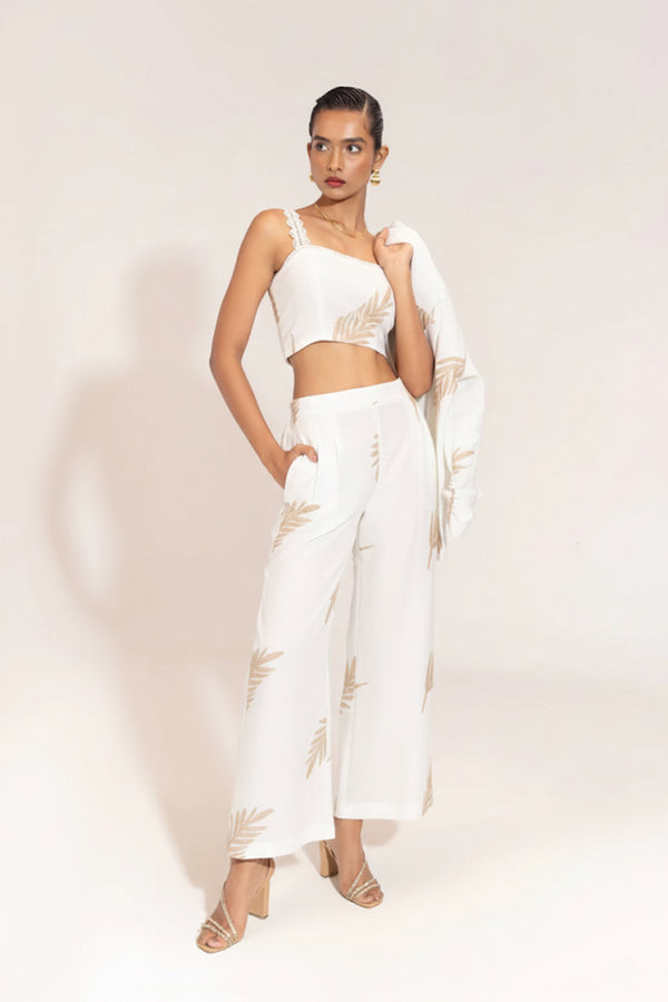 White Linen Blend Embroidered Three-Piece Co-ord Set - Premium Designer Resort & Occasion Wear