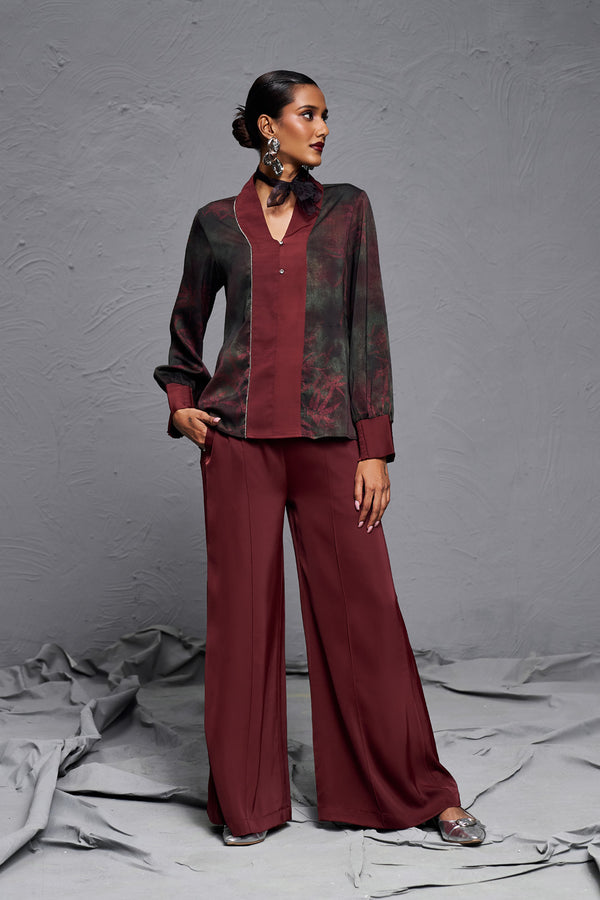 Maroon Enigma Satin Co-ord Set with Printed Top & Solid Satin Trousers