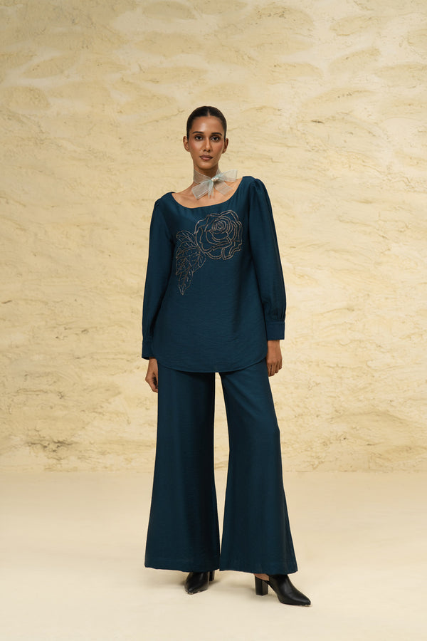 Turquoise Bloom Linen Co-ord Set with Hand-Embroidered Detailing