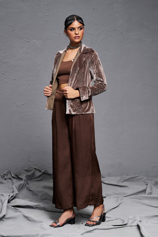 Mocha Brown Luxe Velvet Three-Piece Co-ord Set with Sequin Handwork