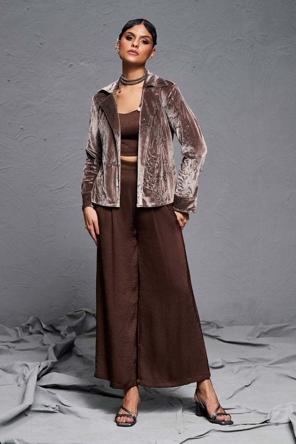 Mocha Brown Luxe Velvet Three-Piece Co-ord Set with Sequin Handwork