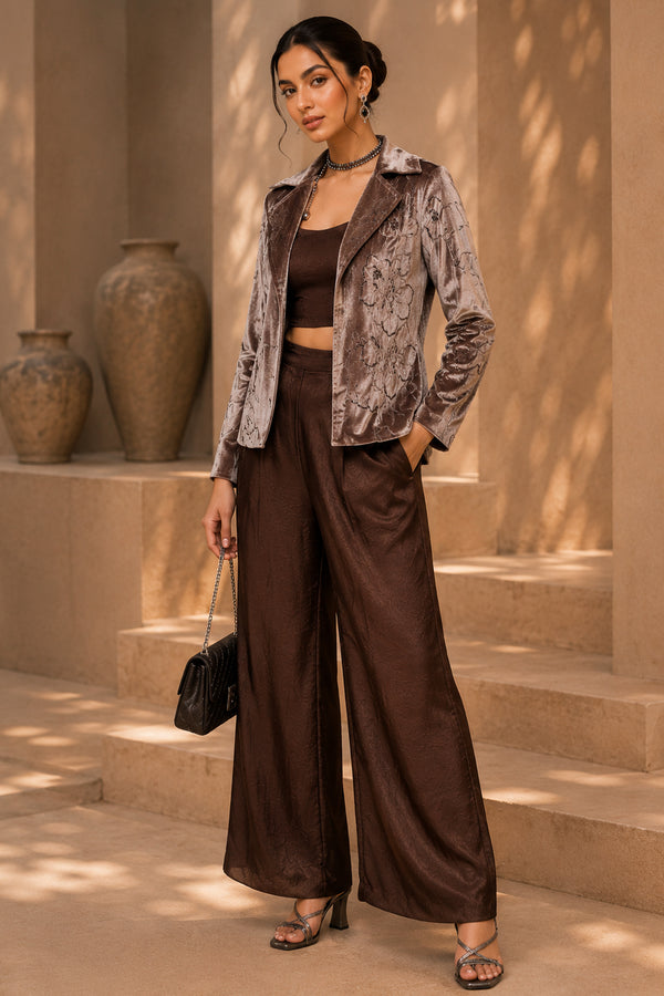 Mocha Brown Luxe Velvet Three-Piece Co-ord Set with Sequin Handwork