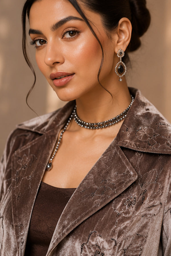 Mocha Brown Luxe Velvet Three-Piece Co-ord Set with Sequin Handwork