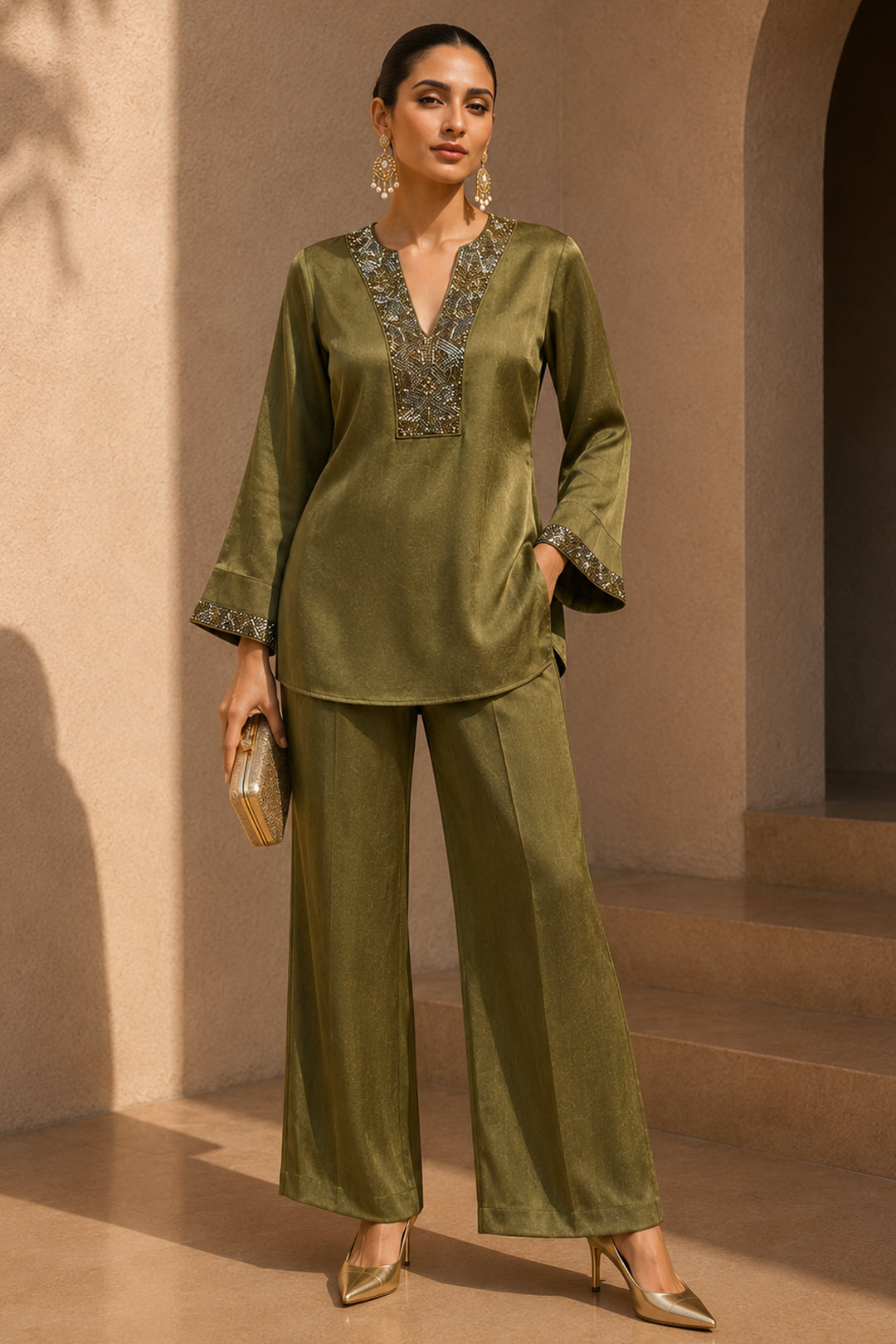 Ash Green Satin Co-ord Set with Handwork Embellished Detailing – Elegant Festive Wear