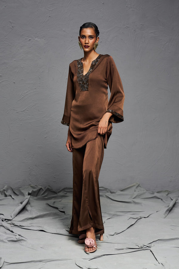 Coffee Brown Satin Co-ord Set with Handwork Embellished Detailing