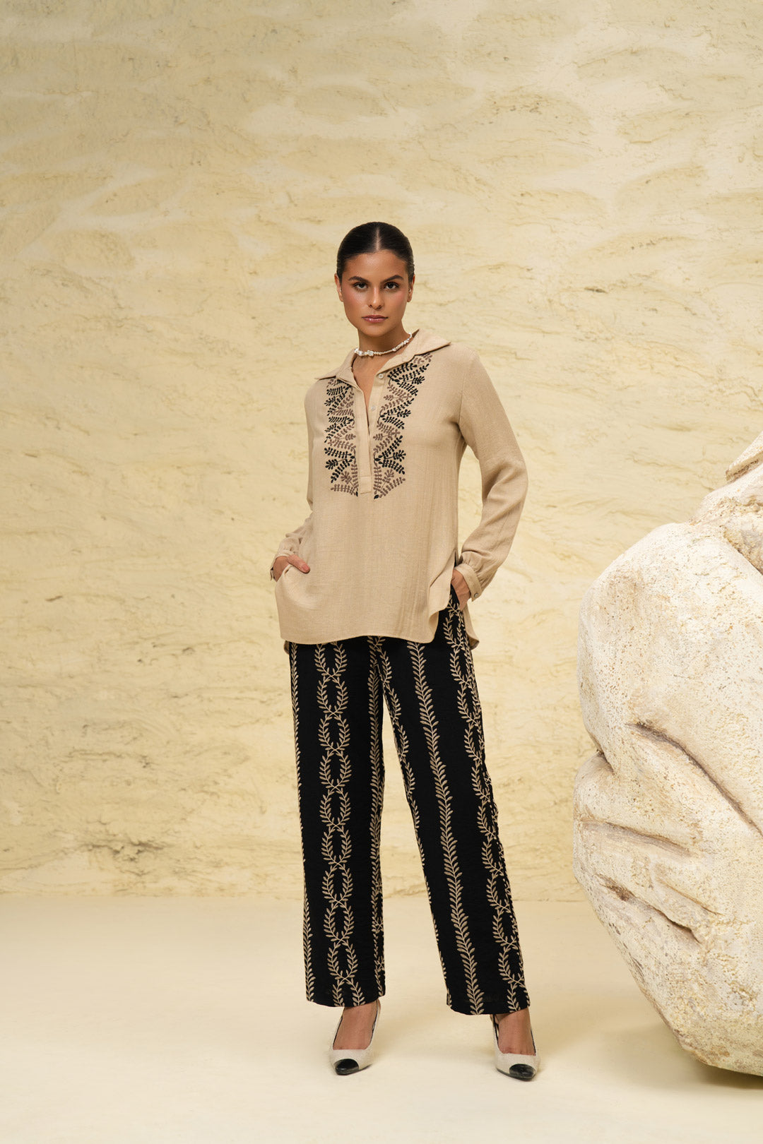 Beige & Black Embroidered Linen Co-ord Set for Brunch and Party Wear