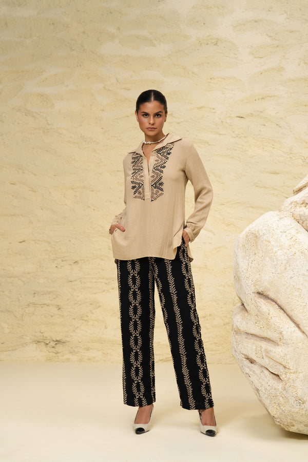 Beige & Black Embroidered Linen Co-ord Set for Brunch and Party Wear