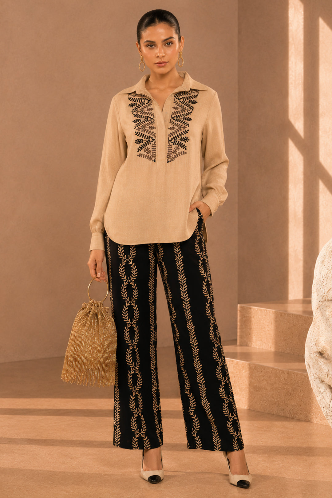 Beige & Black Embroidered Linen Co-ord Set for Brunch and Party Wear