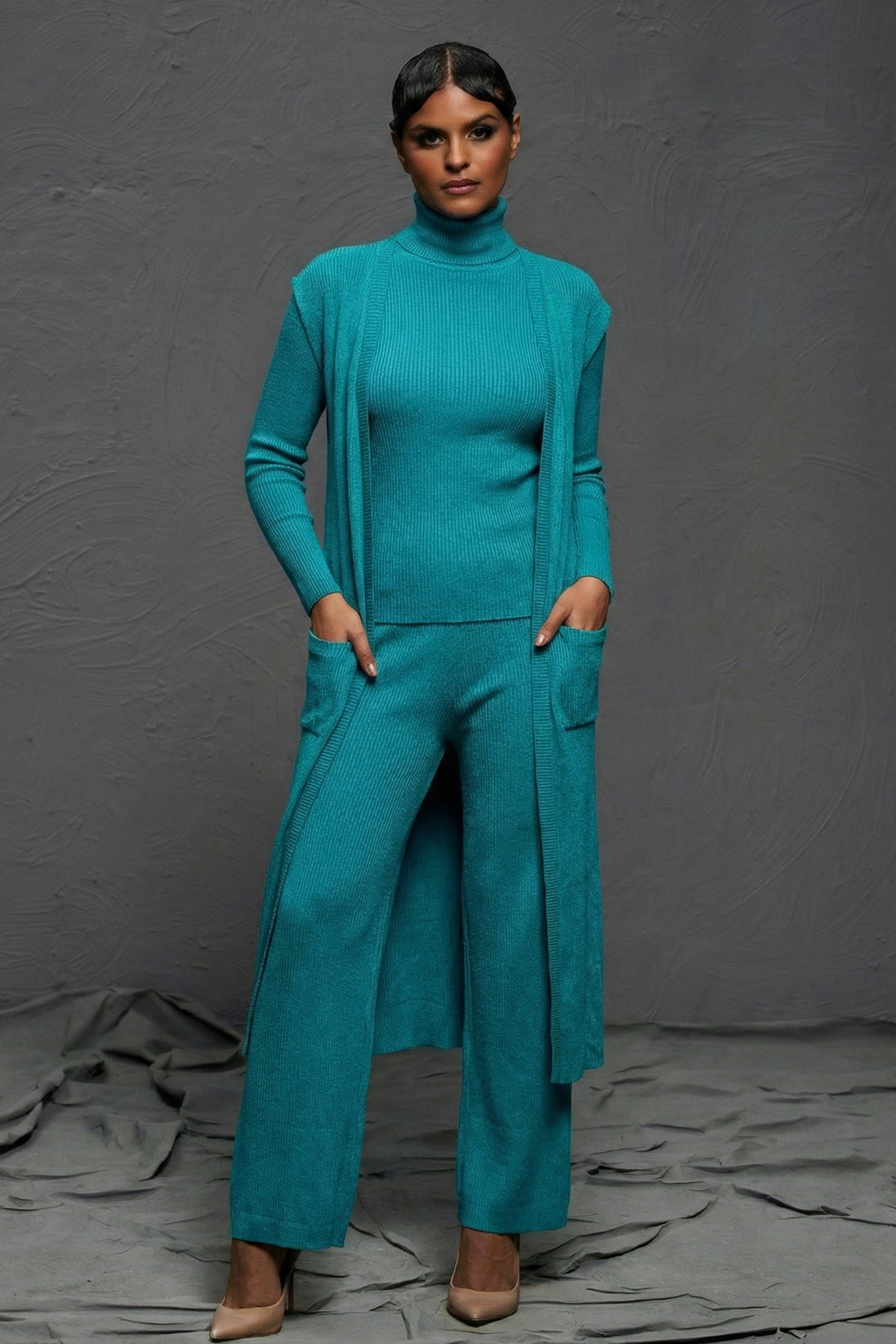 Teal Blue Knit Three-Piece Co-ord Set for Travel & Lounge Wear – Cozy Luxe Comfort by Sheczzar