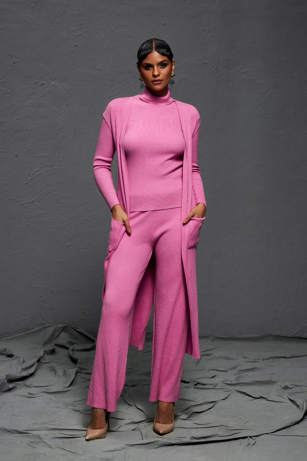 Pink Knit Three-Piece Co-ord Set for Travel and Lounge Wear