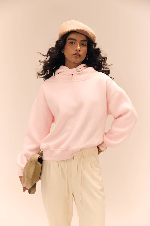 Baby Pink Drop-Shoulder Hoodie Sweatshirt with Metallic Neck Buckle – Sheczzar Cozy Luxe