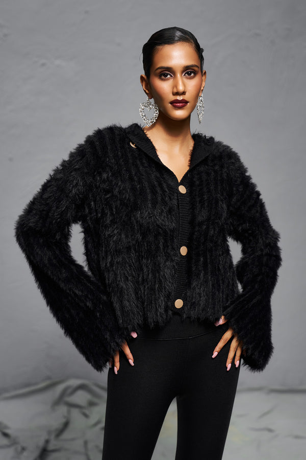 Black Luxury Fur Sweater Top Cardigan for Autumn & Winter Wear