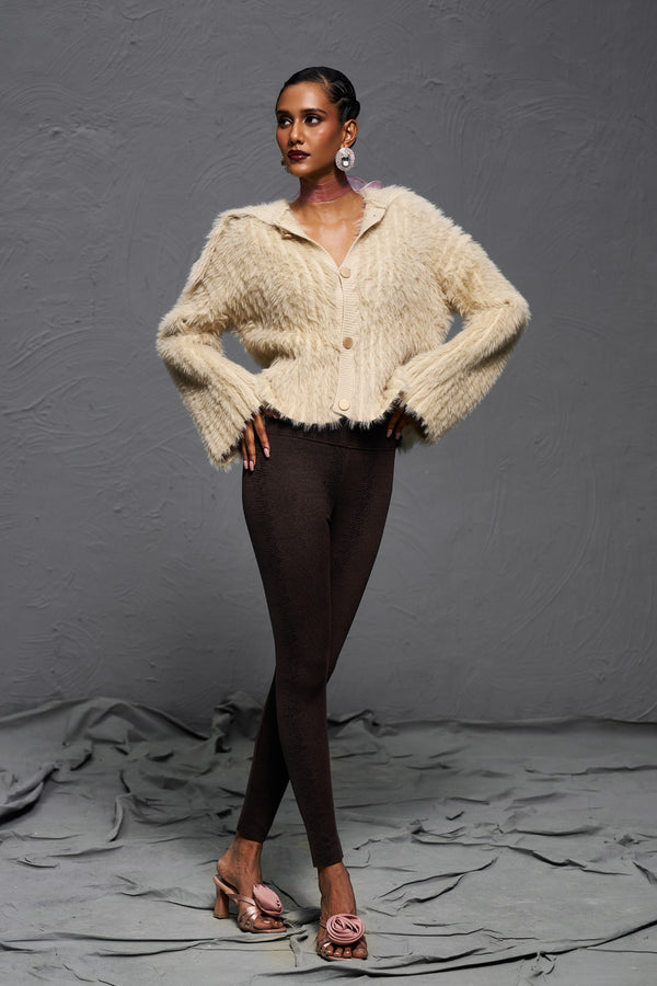 Beige Luxury Fur Sweater Top Cardigan for Autumn & Winter Wear