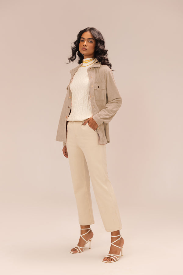 Pale Taupe Corduroy Shirt Shacket – Oversized Utility Luxe Layering | SHECZZAR