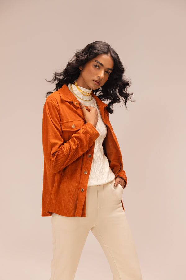 Rust Terrain Corduroy Shirt Shacket – Oversized Utility-Inspired Layering
