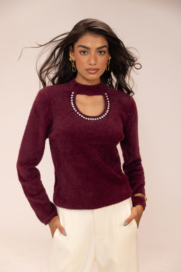 Wine Luxe Fur Knit Top with Embellished Neck | SHECZZAR Elegant Winter Edit