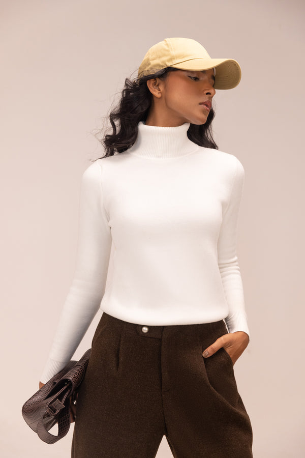 White High-Neck Polo Knit Top – Fleece-Lined Ribbed Winter Essential