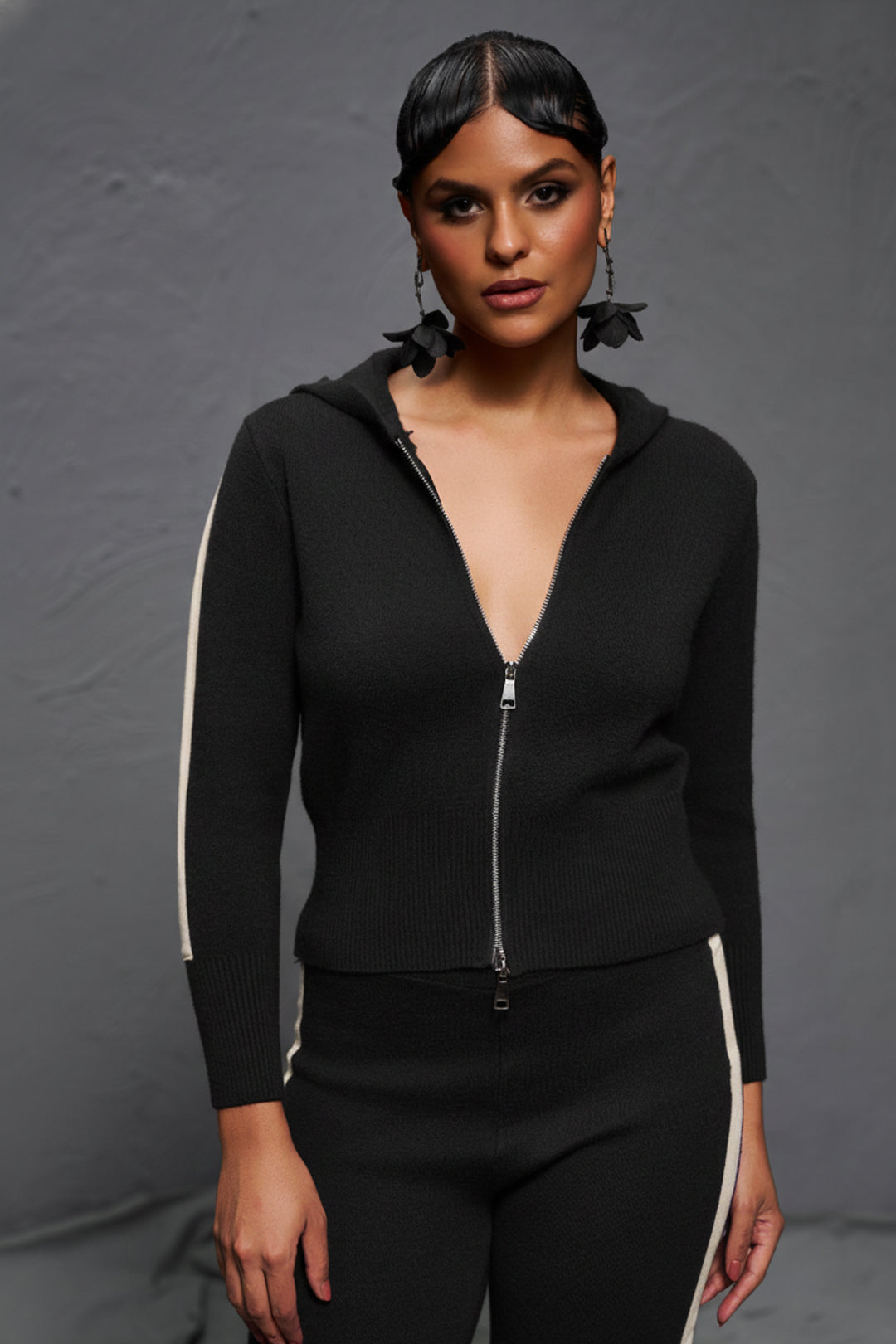 Black Knit Hoodie Co-ord Set for Travel and Sporty Lounge Wear