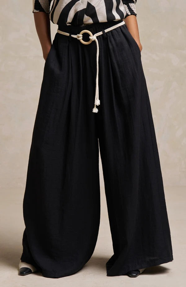 Black Linen Comfort-Fit Trousers with Thread & Wooden Buckle Belt