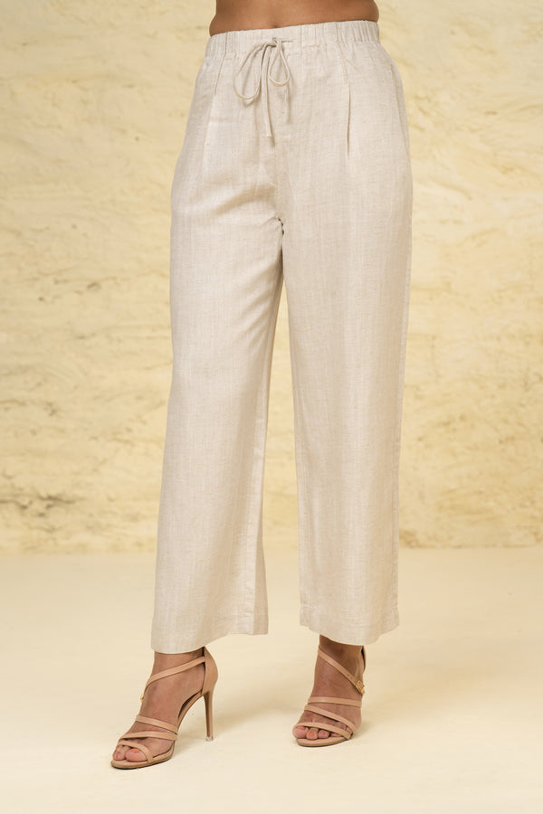 Beige Premium Linen Straight Fit Embroidered Bottom for Casual & Formal Wear