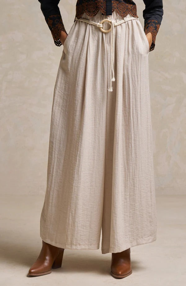 Pastel Beige Linen Comfort-Fit Trousers with Thread & Wooden Buckle Belt