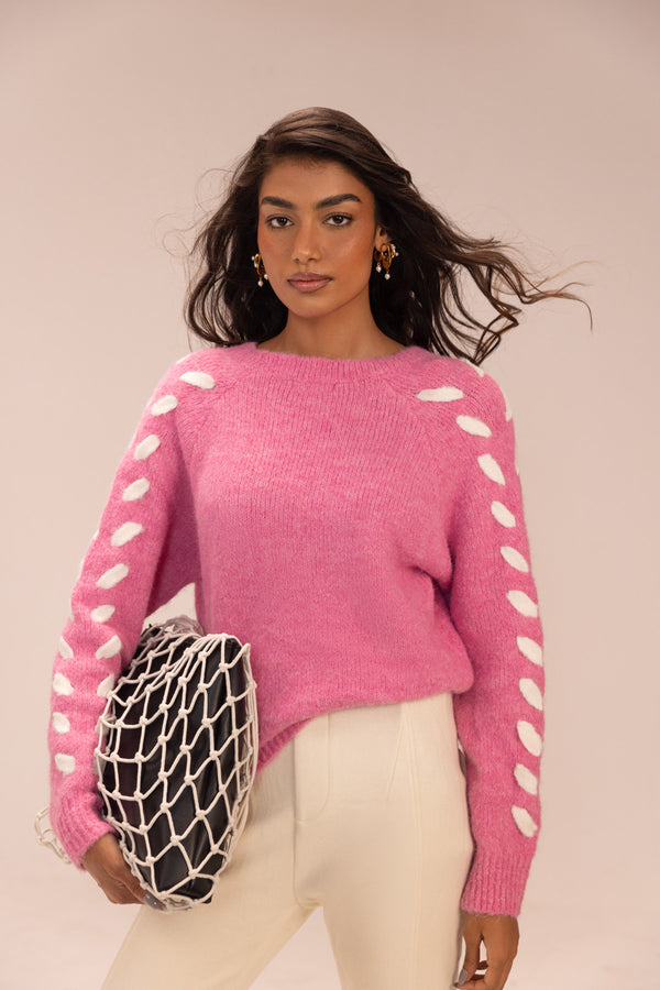 Blush Pink & Cream Knit Sweater Top – Soft Luxe with Knot Sleeve Detail