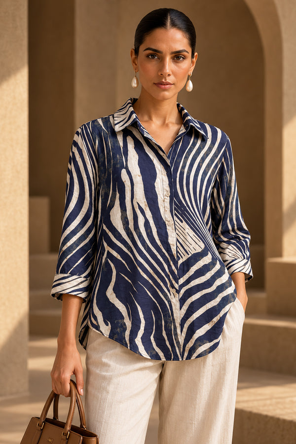 Blue & White Abstract Print Cotton Blend Shirt Top