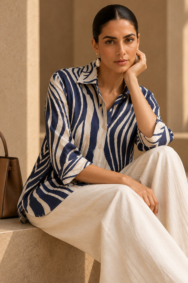Blue & White Abstract Print Cotton Blend Shirt Top