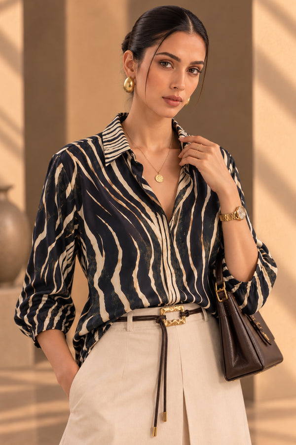 Beige & Brown Abstract Print Cotton Blend Shirt Top