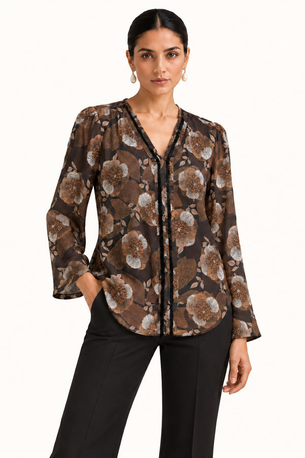 Brown Floral Printed Georgette Top with Handwork Detailing