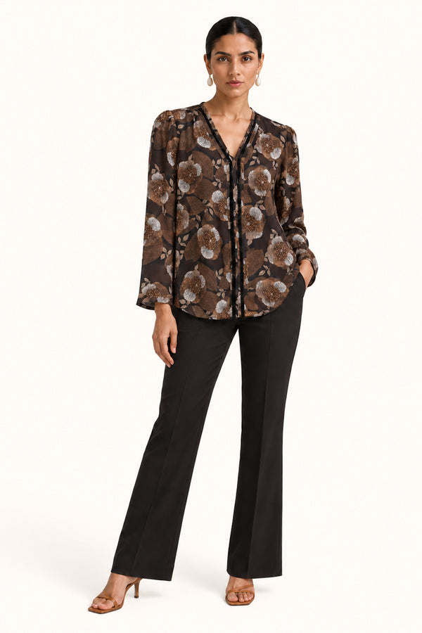 Brown Floral Printed Georgette Top with Handwork Detailing