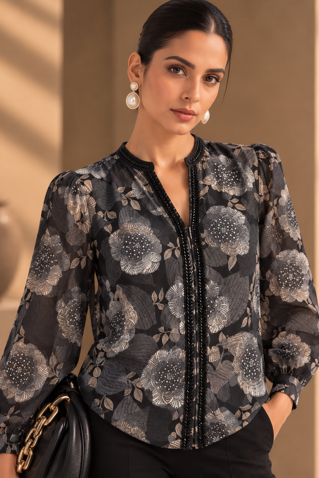 Black Floral Georgette Handwork Lace Top