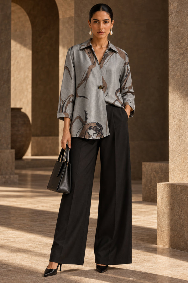 Grey & Brown Abstract Print Blazer-Style Twill Top
