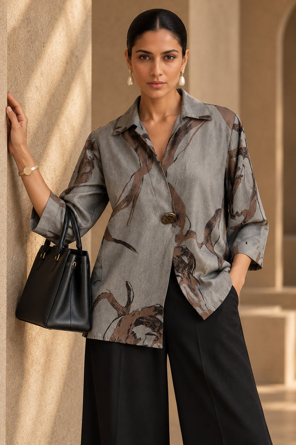 Grey & Brown Abstract Print Blazer-Style Twill Top